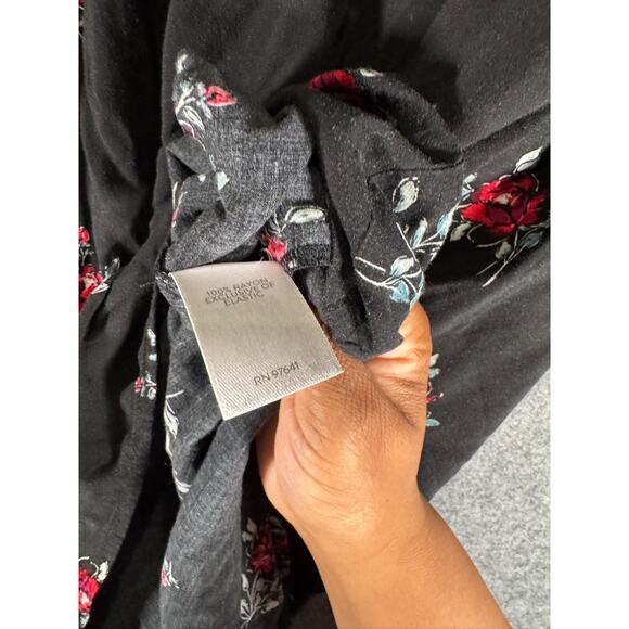 J Jill Blouse Women Medium Black Smocked Long Sleeve Floral Boho Relax Dark Fair - Picture 3 of 7